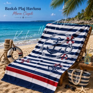 Baskılı Plaj Havlusu Marin Çizgili
